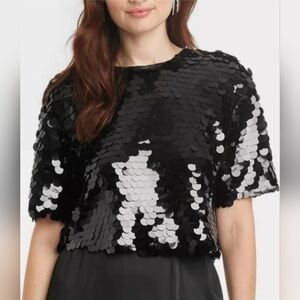 A New Day Womens Black Sequin Paillette Top Cropped Short Sleeve BLACK XS